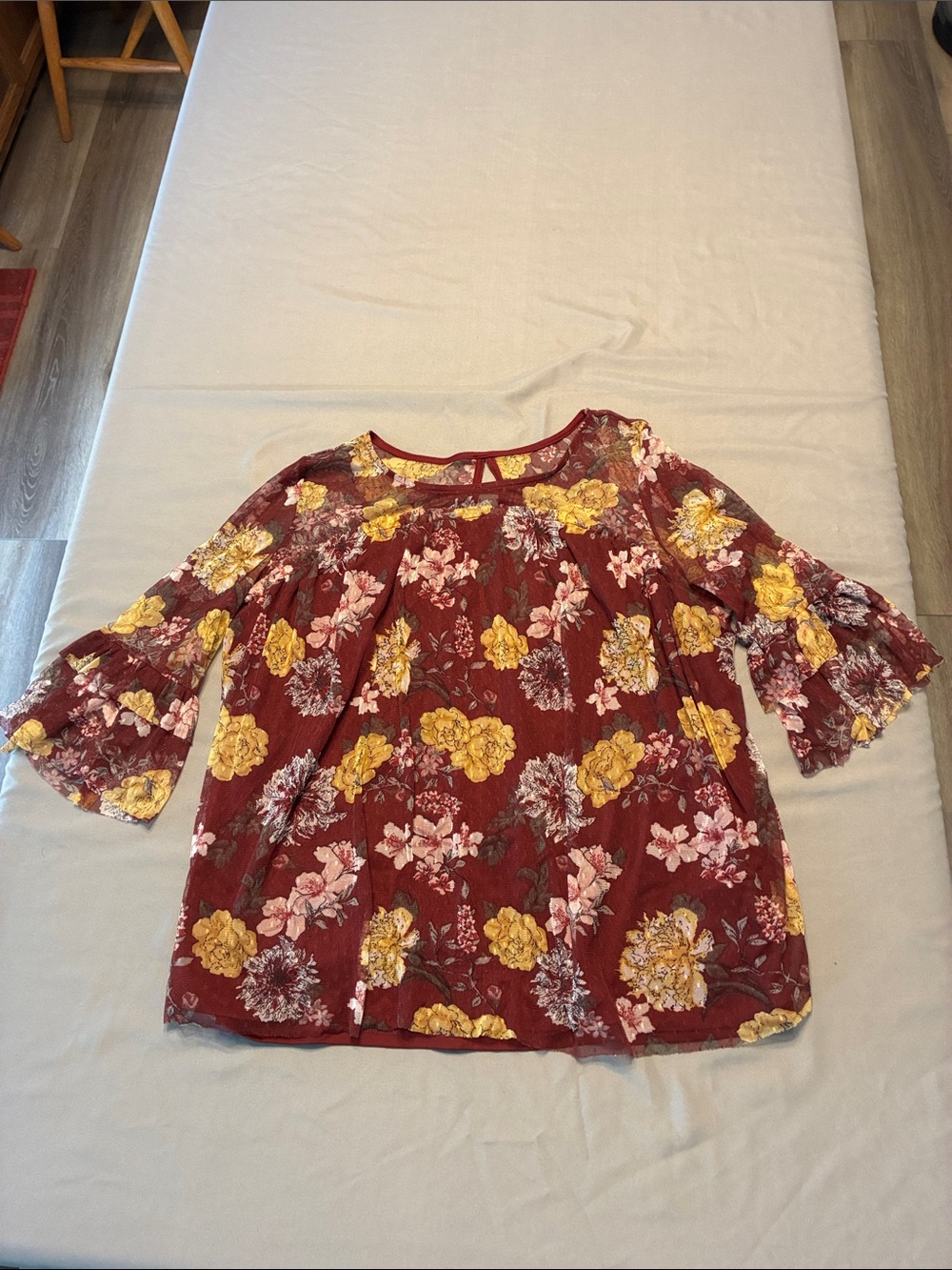 NOBO Burgundy Floral Ruffle-Sleeve Blouse with Yellow Accents